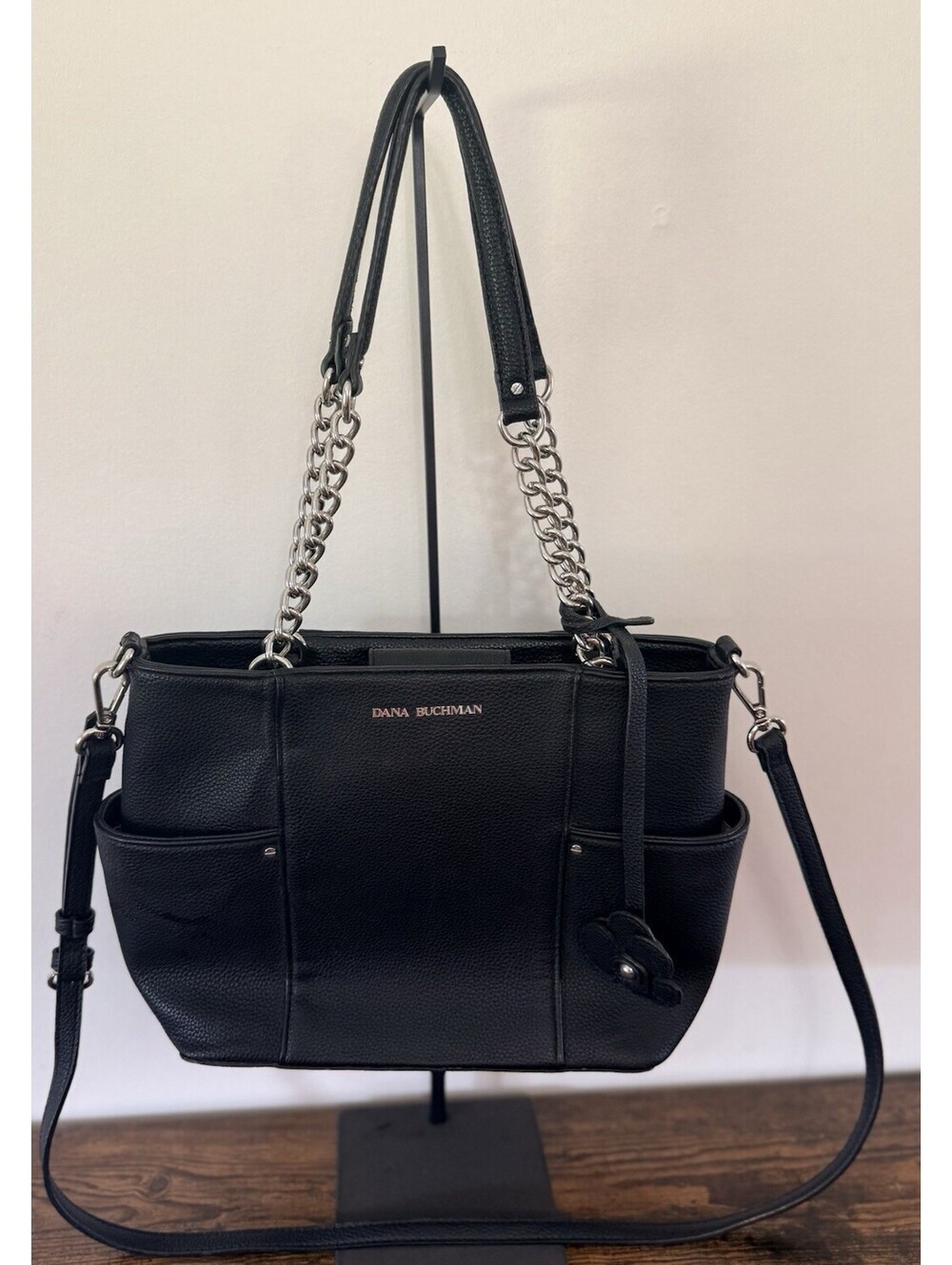 Dana Buchman Black Leather Purse Silver Metal Chain Shoulder Strap Crossbody